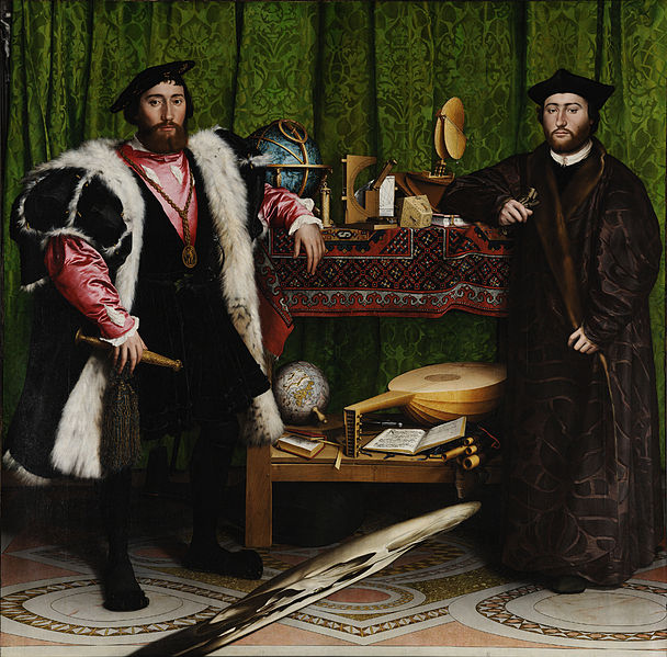 Hans Holbein 'The Ambassadors. The grey diagonal in the foreground is a skull rendered in anamorphic perspective