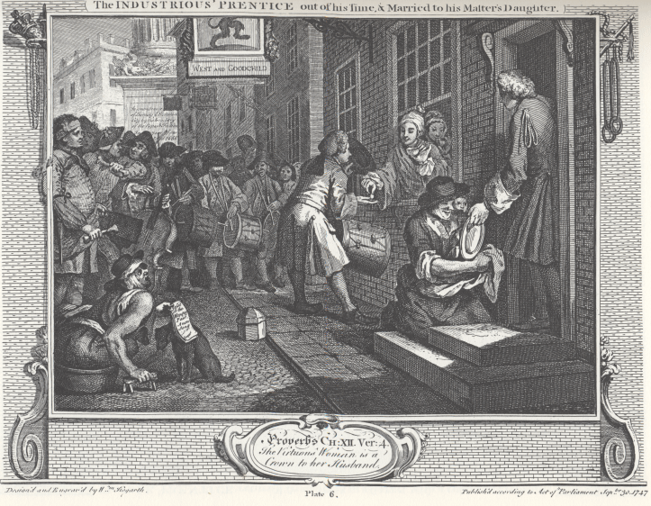 William_Hogarth_-_Industry_and_Idleness,_Plate_6;_The_Industrious_'Prentice_out_of_his_Time,_&_Married_to_his_Master's_Daughter